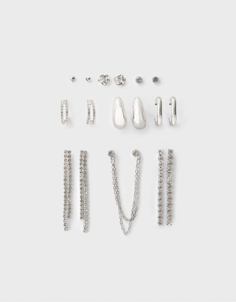Stradivarius Set of 9 floral rhinestone earrings in grey - view 1
