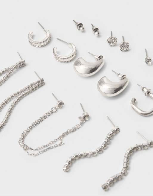 Stradivarius Set of 9 floral rhinestone earrings in grey, 4 of 4