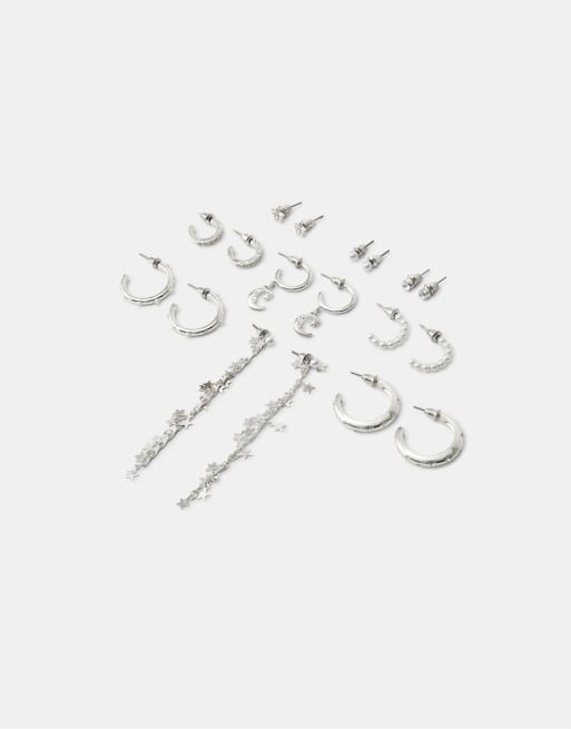 Stradivarius Set of 9 moon earrings in grey, 4 of 4