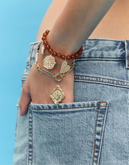 Stradivarius - Set van 2 armbanden met kralen en hangertjes in goud, 3 van 3