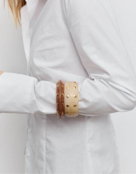 Stradivarius - Set van 2 armbanden met studs in bruin - view 1