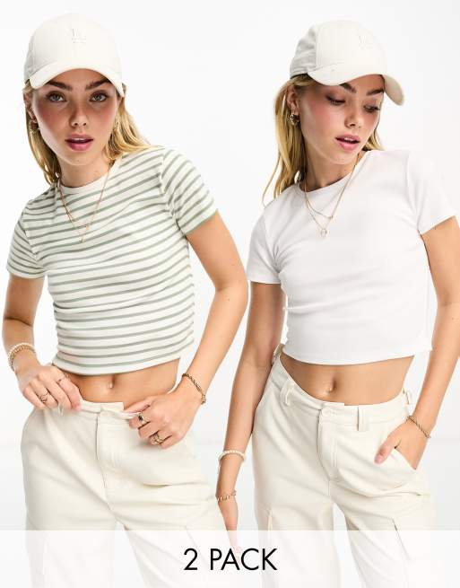 Stradivarius - Set van 2 basic baby T-shirts in gestreept en wit 