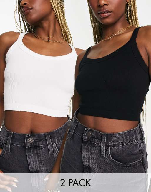 Stradivarius - Set van 2 naadloze geribbelde camitops in zwart en wit 