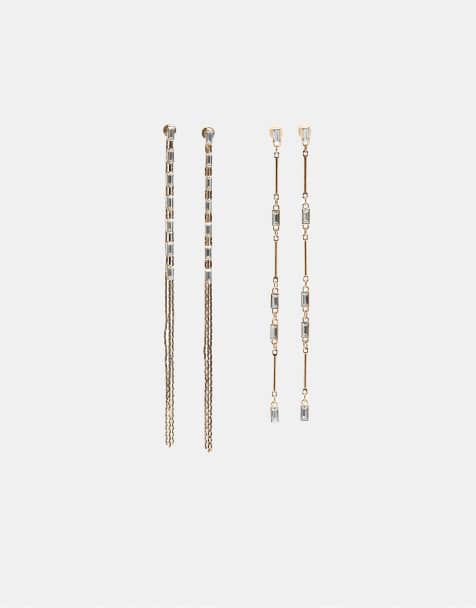 Stradivarius - Set van 2 paar bungelende oorbellen met siersteentjes in goud - view 1