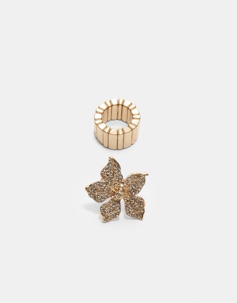 Stradivarius - Set van 2 ringen met bloem en siersteentjes in goud - view 1