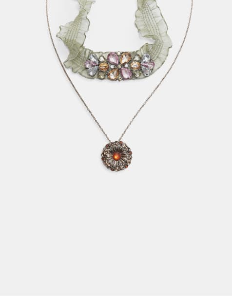 Stradivarius set van 2 stoffen chokers in kaki - view 1
