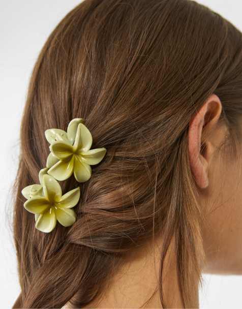 Stradivarius - Set van 3 bloemvormige haarclips in groen - view 1