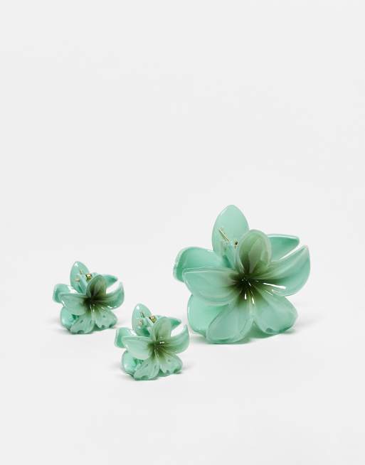 Stradivarius - Set van 3 haarclips in bloemvorm in groen