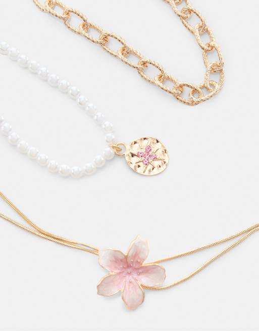 Stradivarius - Set van 3 kettingen met emaille bloemen in goud, 4 van 4