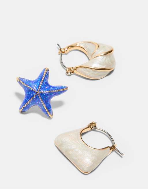 Stradivarius - Set van 3 paar oorbellen van emaille met ster en oorringen in blauw, 3 van 4