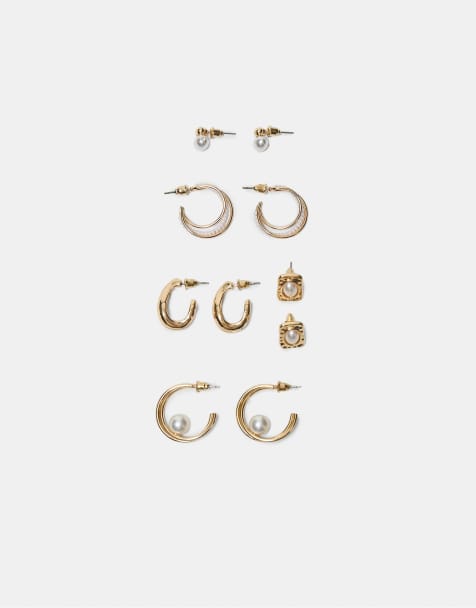 Stradivarius - Set van 5 paar oorbellen met imitatieparels in goud - view 1