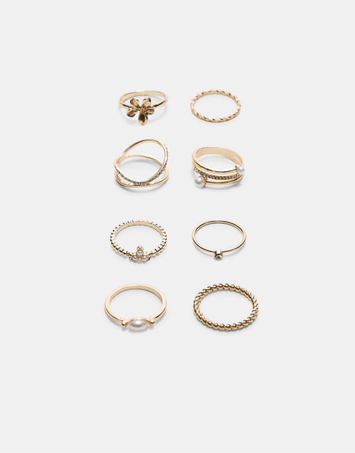 Stradivarius - Set van 8 ringen met strass-steentjes in goud
