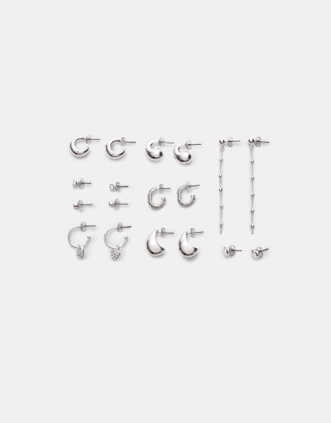 Stradivarius - Set van 9 paar oorbellen met hartjes en ringen in grijs - view 1
