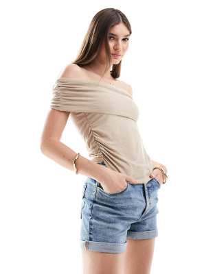 Stradivarius sheer bardot top in beige-Neutral