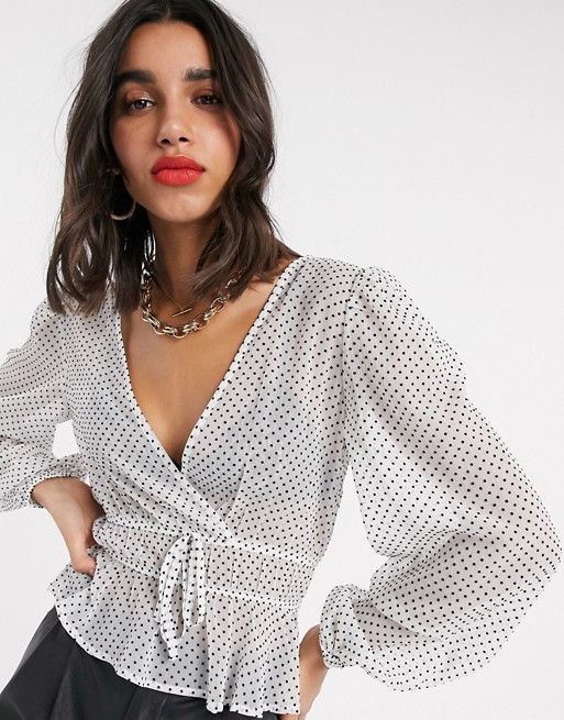 Stradivarius sheer blouse in white with dots