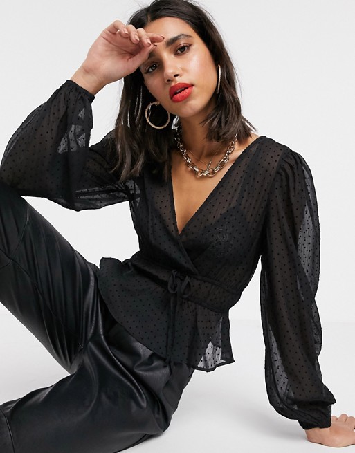 Stradivarius sheer blouse with dots in black