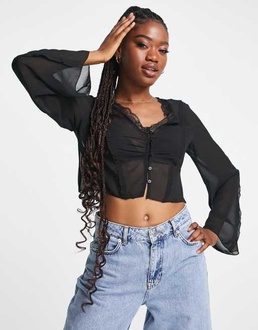 Brown Satin Hook And Eye Sheer Sleeve Crop Top