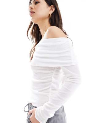 Stradivarius Sheer Lettuce Edge Bardot Top In White