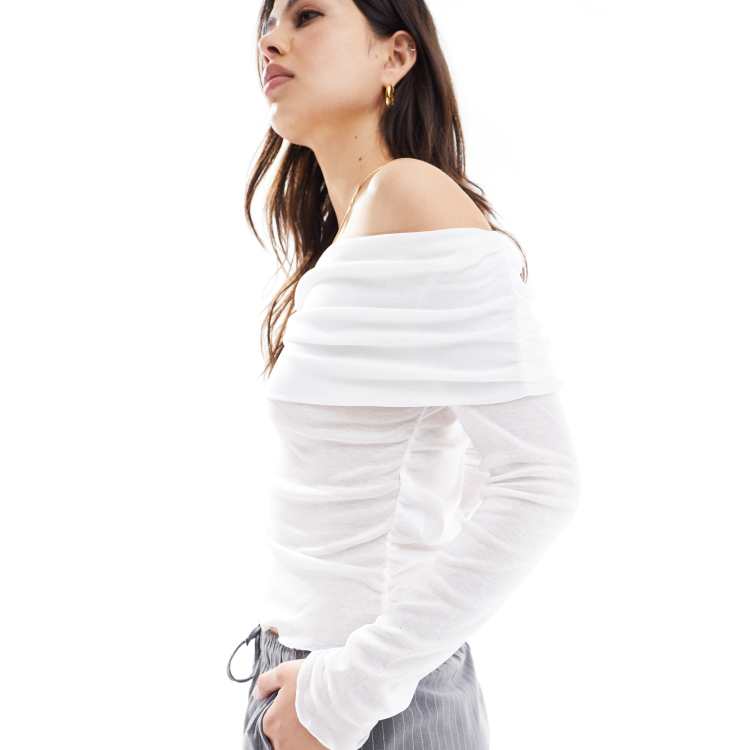Drop shoulder lettuce trim glitter sheer top sale
