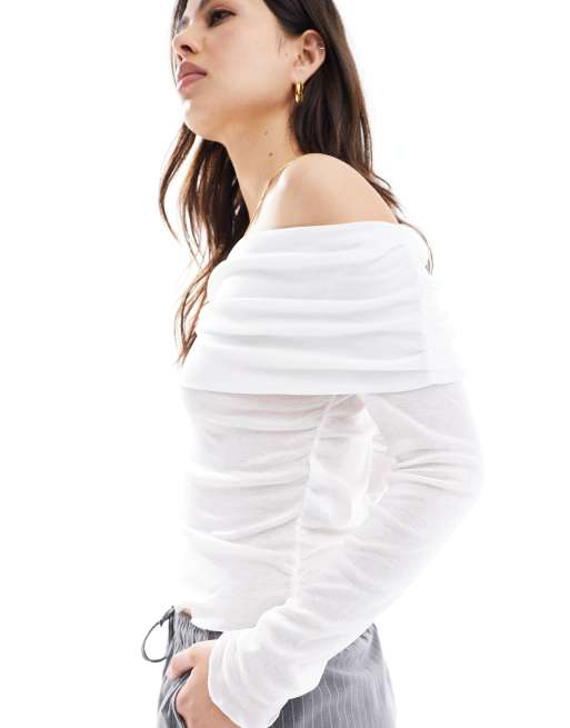 Stradivarius sheer lettuce edge bardot top in white