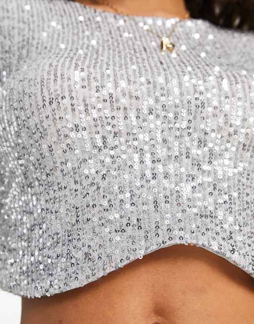 Chase A Feeling Silver Long Sleeve Sequin Crop Top