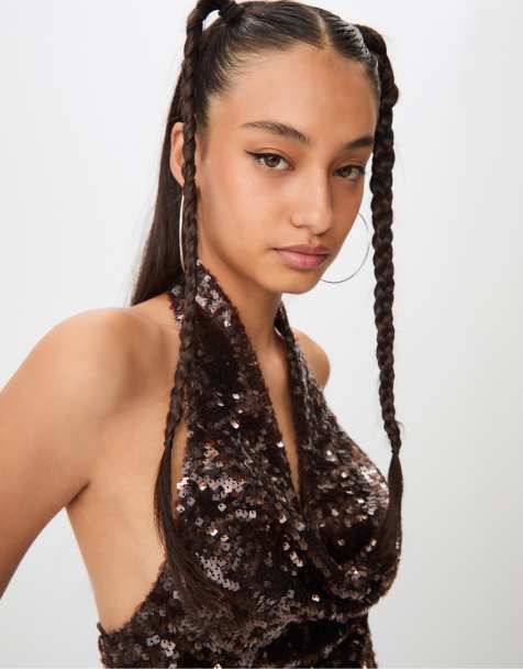 Stradivarius Shimmery draped top in brown - view 1