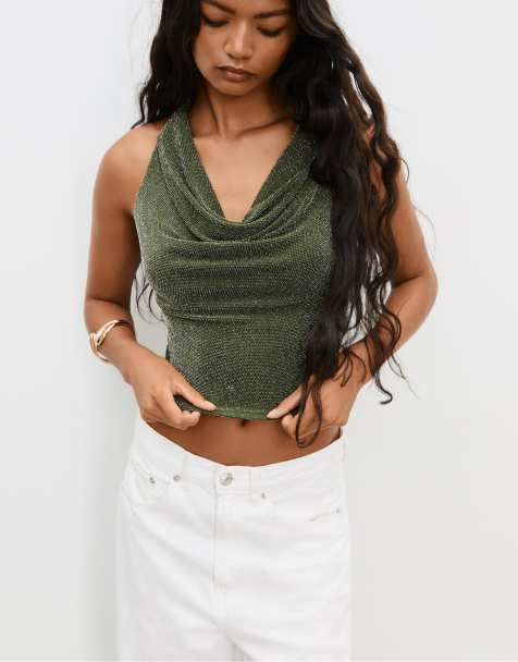 Stradivarius Shimmery halter top in green