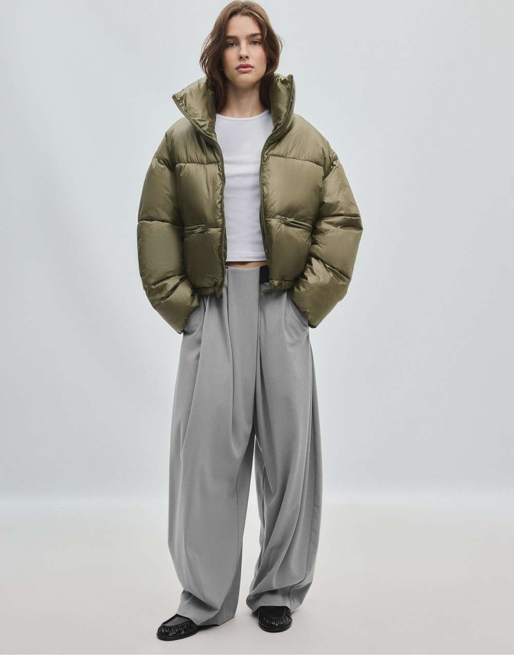 Stradivarius Shiny cropped down jacket in khaki