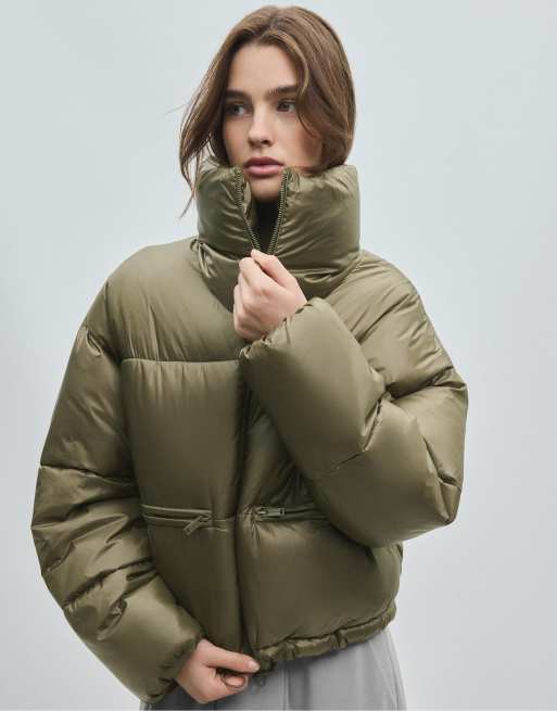 Stradivarius Shiny cropped down jacket in khaki, 2 of 7