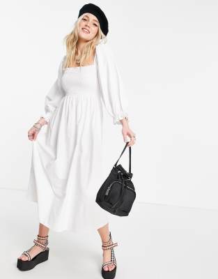 Stradivarius shirred midi poplin dress in white