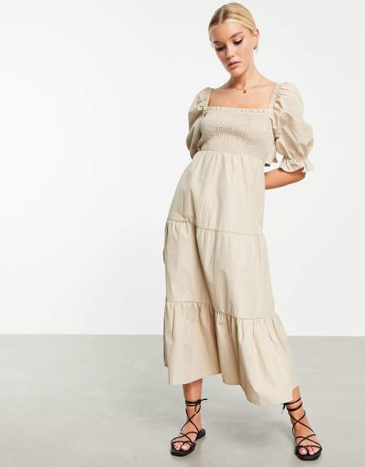 Stradivarius shirred poplin midi dress with puff sleeves in beige | ASOS