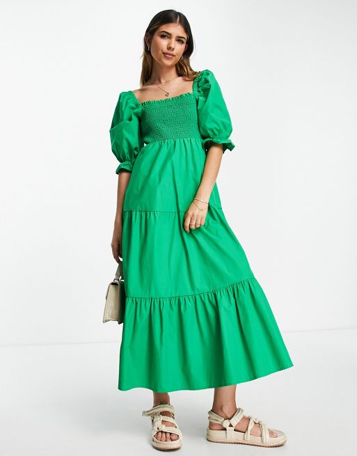 Stradivarius shirred poplin midi dress with puff sleeves in green | ASOS