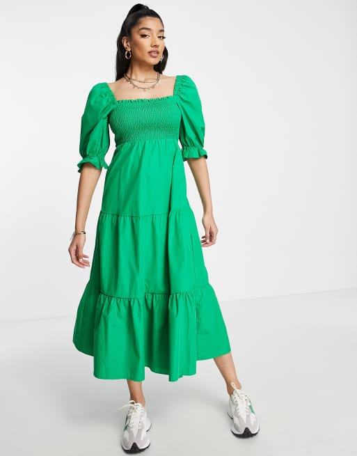 Stradivarius shirred poplin midi dress with puff sleeves in green