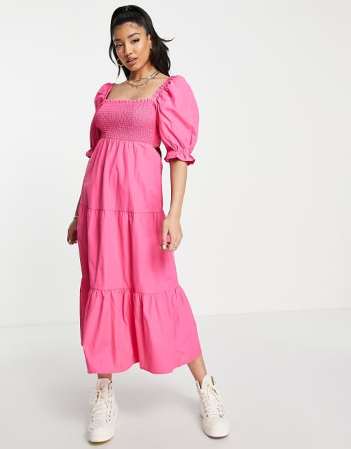 pink puff sleeve poplin midi dress