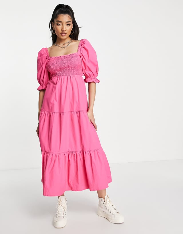 Stradivarius shirred poplin midi dress with puff sleeves in pink