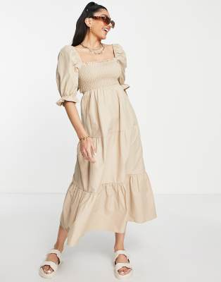 Stradivarius shirred poplin midi dress with puff sleeves in stone | ASOS