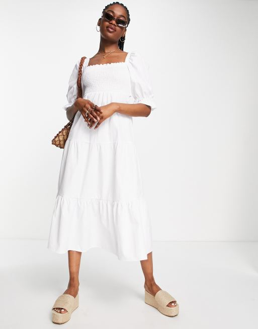 Stradivarius shirred poplin midi dress with puff sleeves in white | ASOS