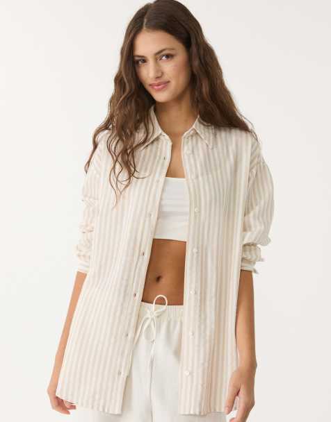 Stradivarius shirt with linen in stone - view 1