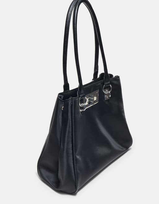 Stradivarius Shopper-Tasche mit Metallverschluss in Schwarz, 4 von 4