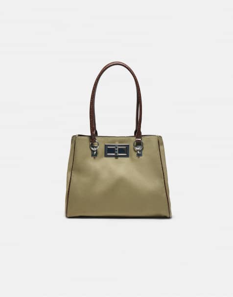 Stradivarius shoppingväska med metallstängning i khaki - view 1