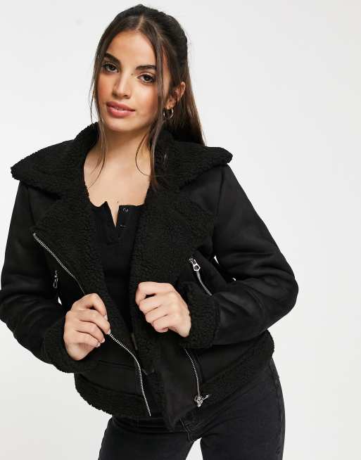 Stradivarius short aviator jacket in black | ASOS