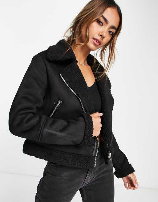 Stradivarius short aviator jacket in black | ASOS