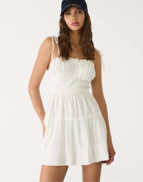 Stradivarius short balloon dress with elasticated body in ecru - view 1