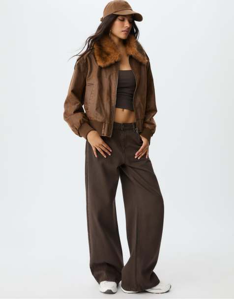 Stradivarius Short contrast faux fur jacket in brown - view 1