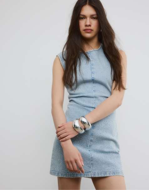 Stradivarius Short denim rhinestone dress in medium light blue denim - view 1