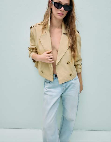 Stradivarius Short double-breasted trench coat in stone