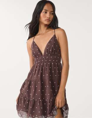 Stradivarius short embroidered dress in brown - view 1
