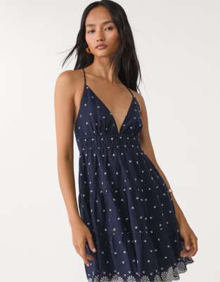 Stradivarius short embroidered dress in navy blue - view 1