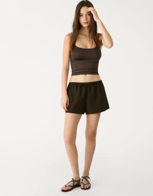Stradivarius - Short en lin mélangé avec cordon de serrage - Marron-Brown