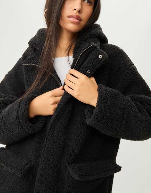 Stradivarius Short faux shearling coat in grey ASOS